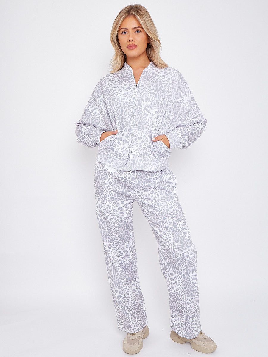 Leopard Print Oversized Bomber Style Fleece Zipper Co-ord