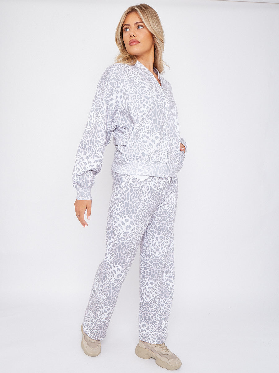 Leopard Print Oversized Bomber Style Fleece Zipper Co-ord