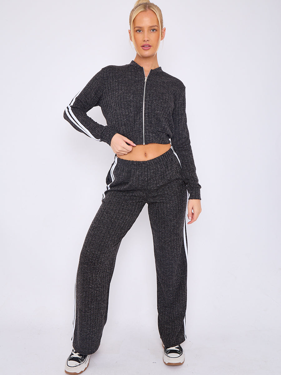 Melange Knit Zip Up Crop Top & Trouser Co-ord With Stripe Detail