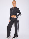 Melange Knit Zip Up Crop Top & Trouser Co-ord With Stripe Detail