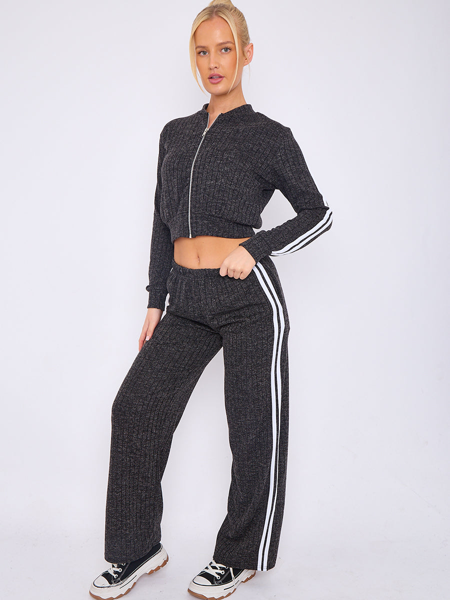 Melange Knit Zip Up Crop Top & Trouser Co-ord With Stripe Detail