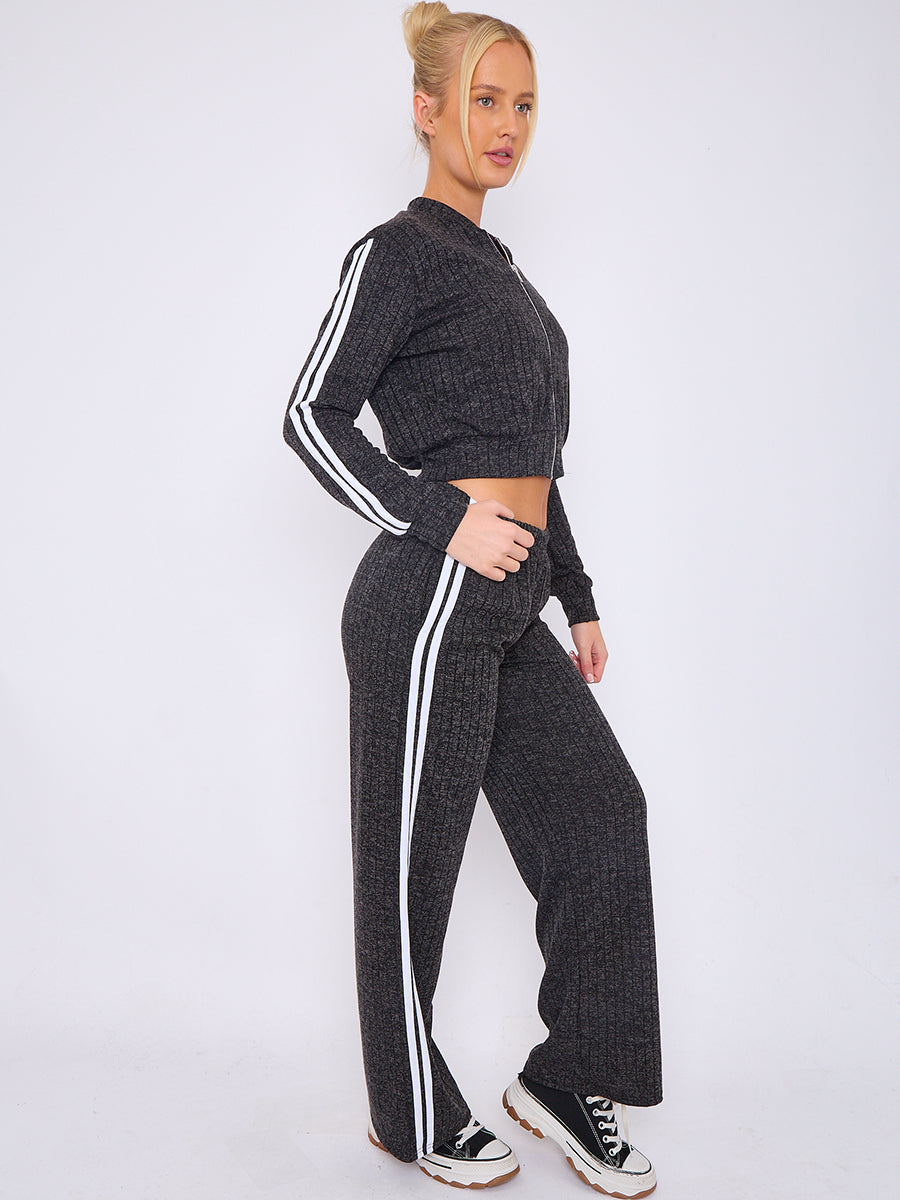 Melange Knit Zip Up Crop Top & Trouser Co-ord With Stripe Detail