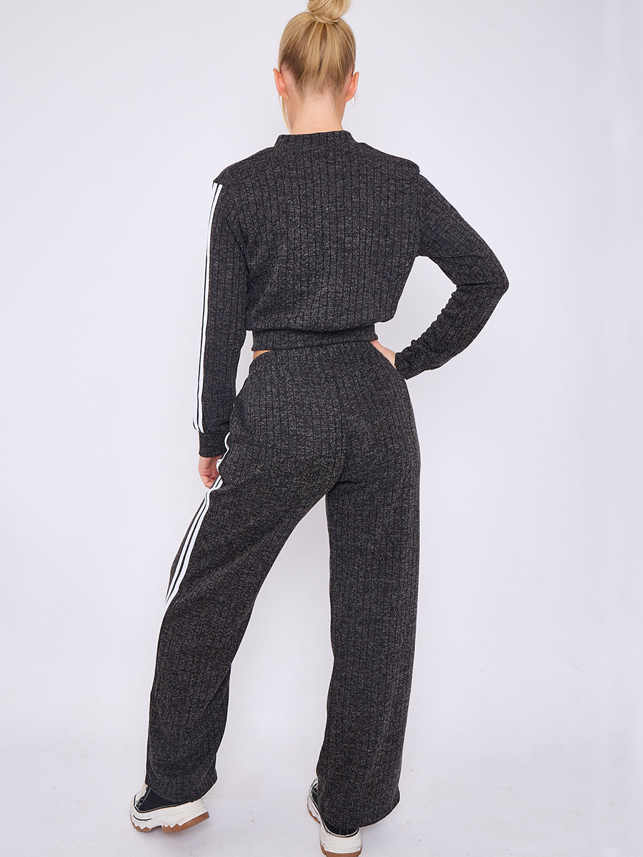 Melange Knit Zip Up Crop Top & Trouser Co-ord With Stripe Detail