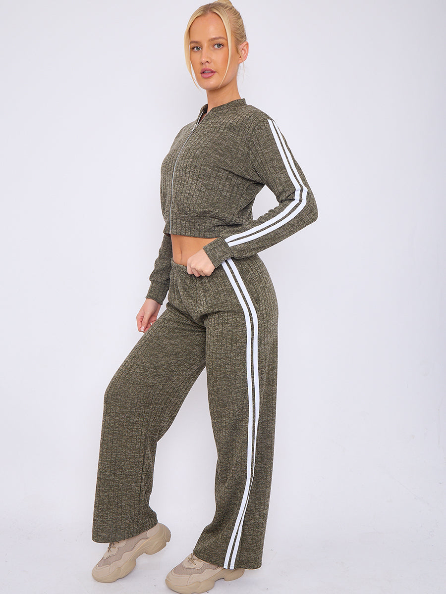 Melange Knit Zip Up Crop Top & Trouser Co-ord With Stripe Detail