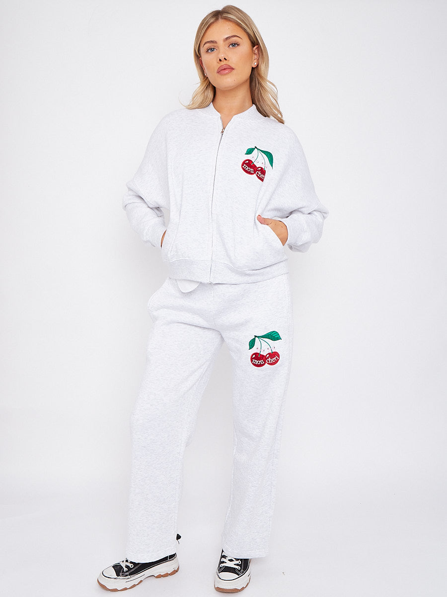 Mon Cheri Embroidered Oversized Bomber Style Fleece Zipper Co-ord