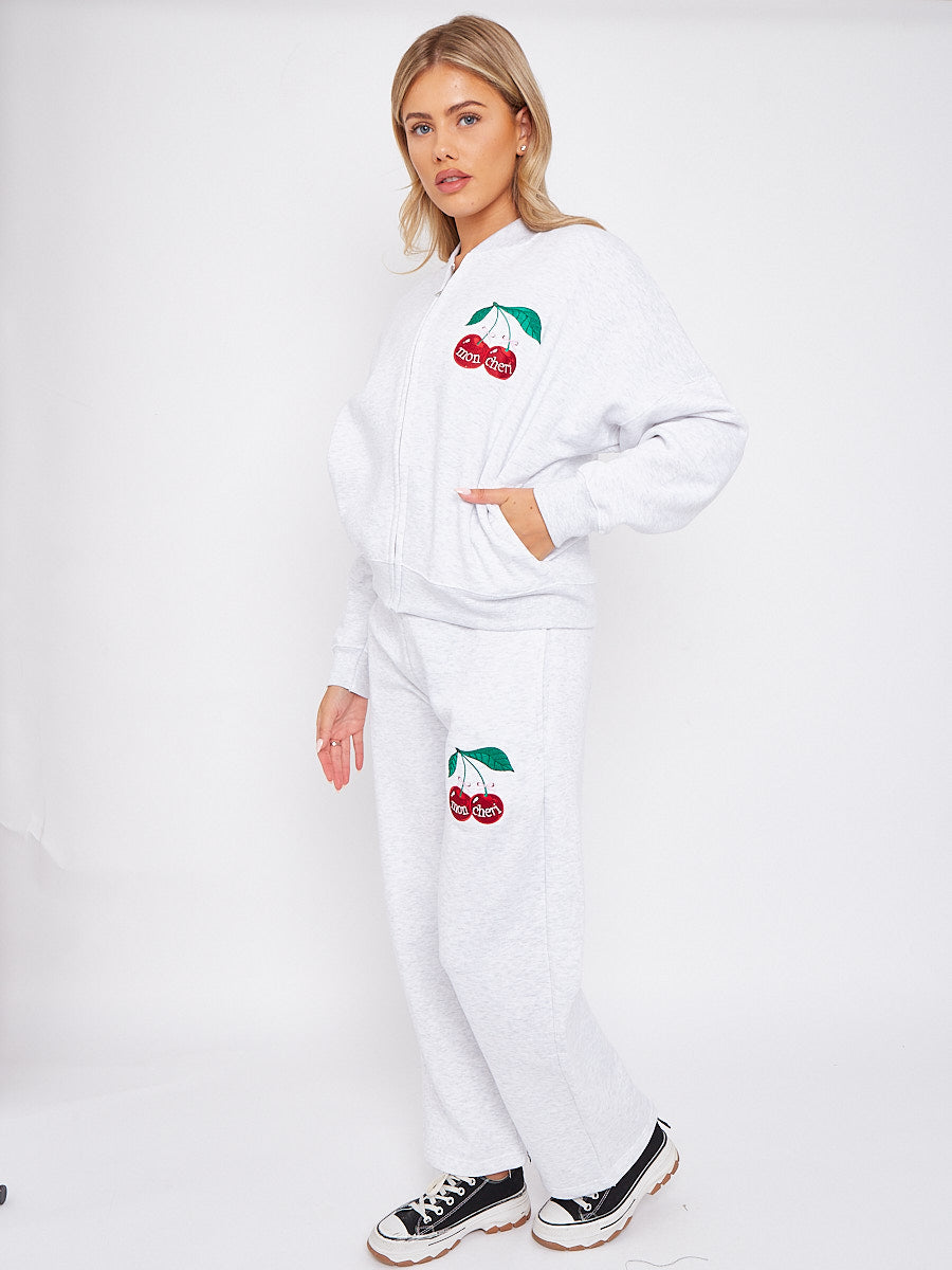 Mon Cheri Embroidered Oversized Bomber Style Fleece Zipper Co-ord