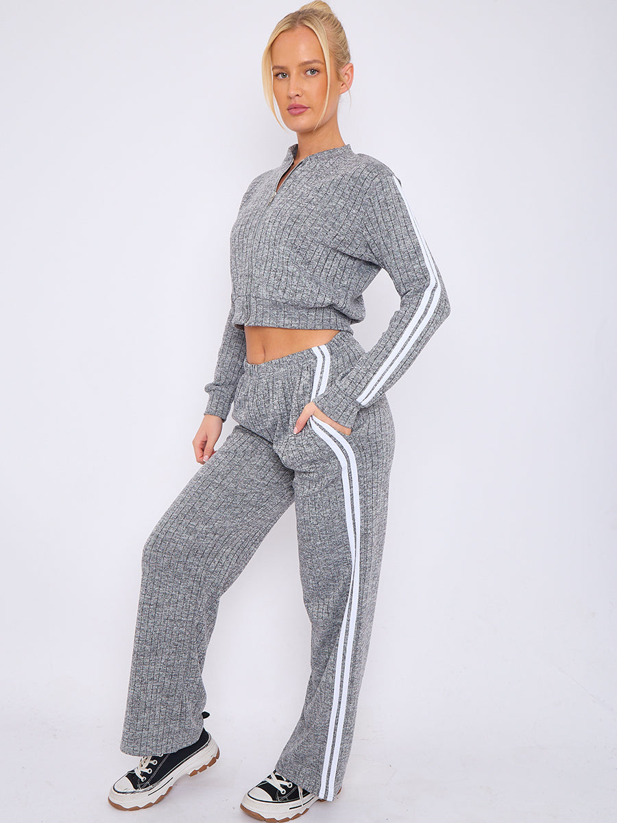 Melange Knit Zip Up Crop Top & Trouser Co-ord With Stripe Detail