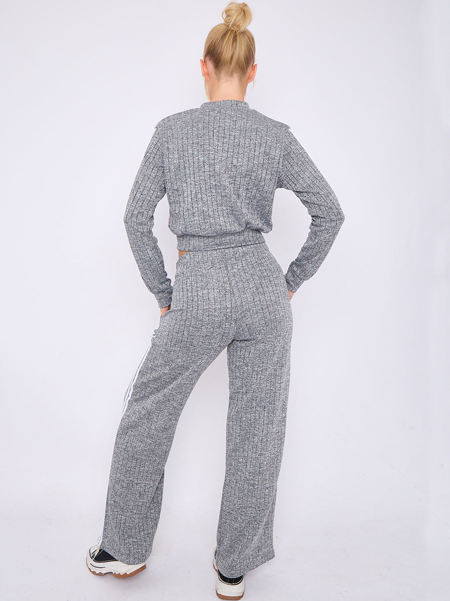 Melange Knit Zip Up Crop Top & Trouser Co-ord With Stripe Detail