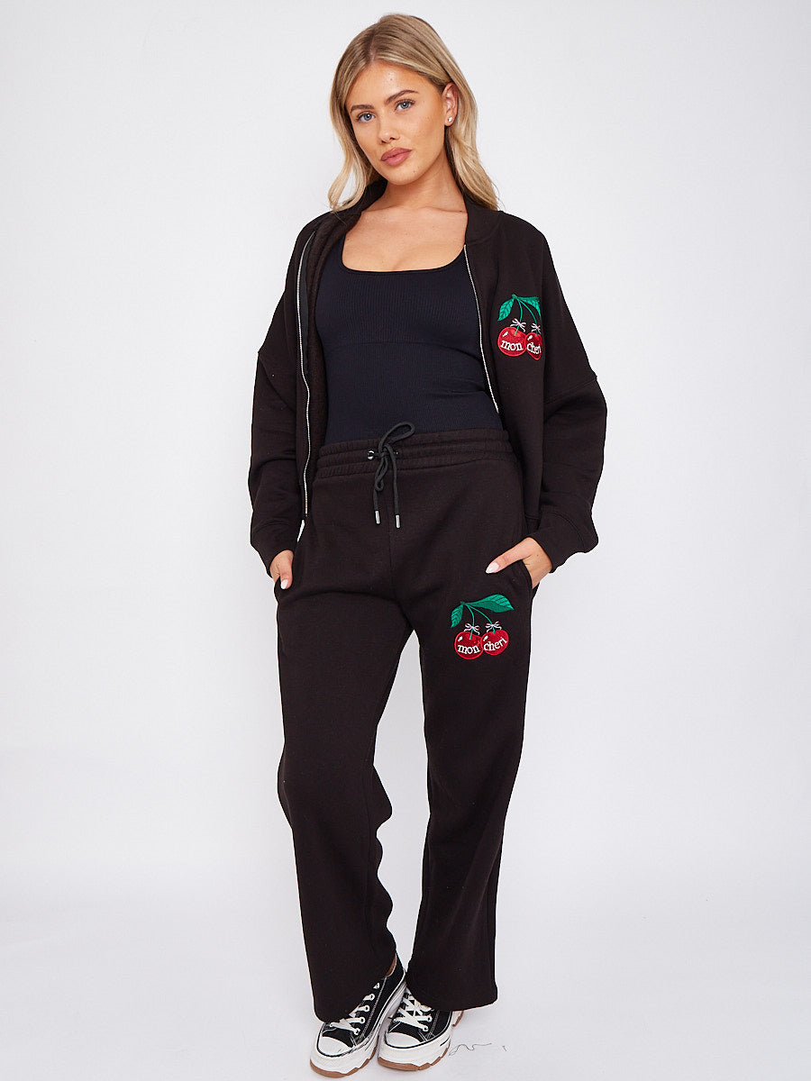 Mon Cheri Embroidered Oversized Bomber Style Fleece Zipper Co-ord