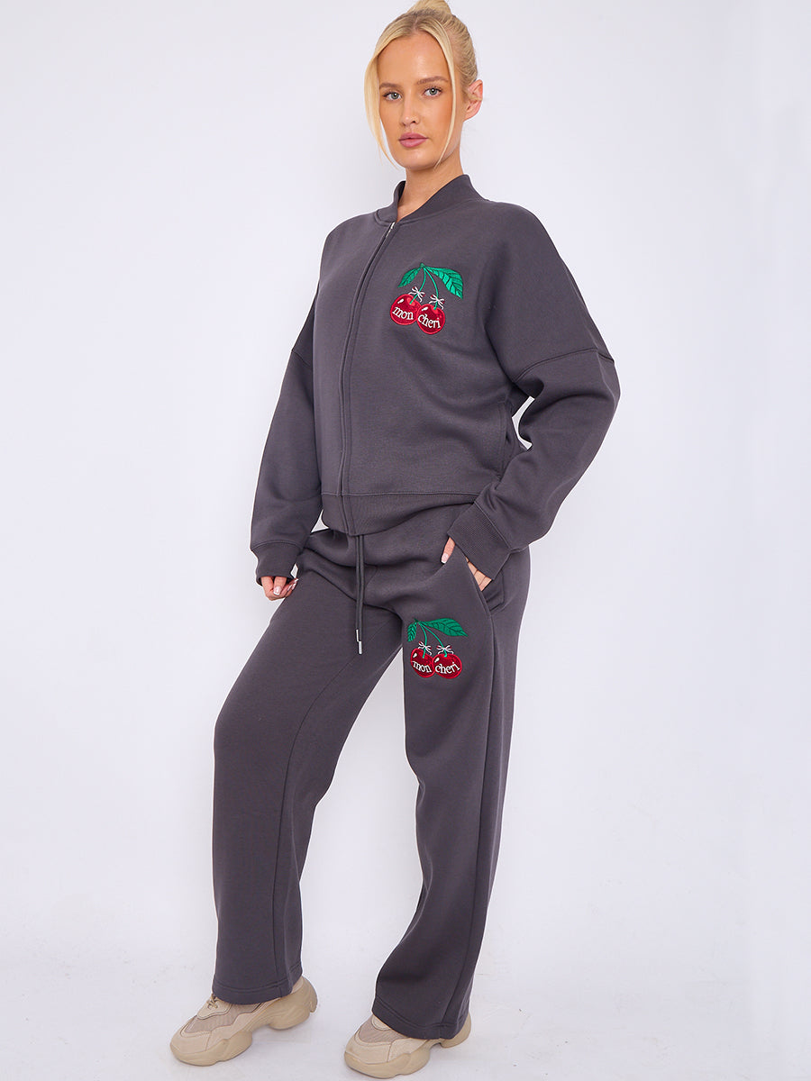 Mon Cheri Embroidered Oversized Bomber Style Fleece Zipper Co-ord