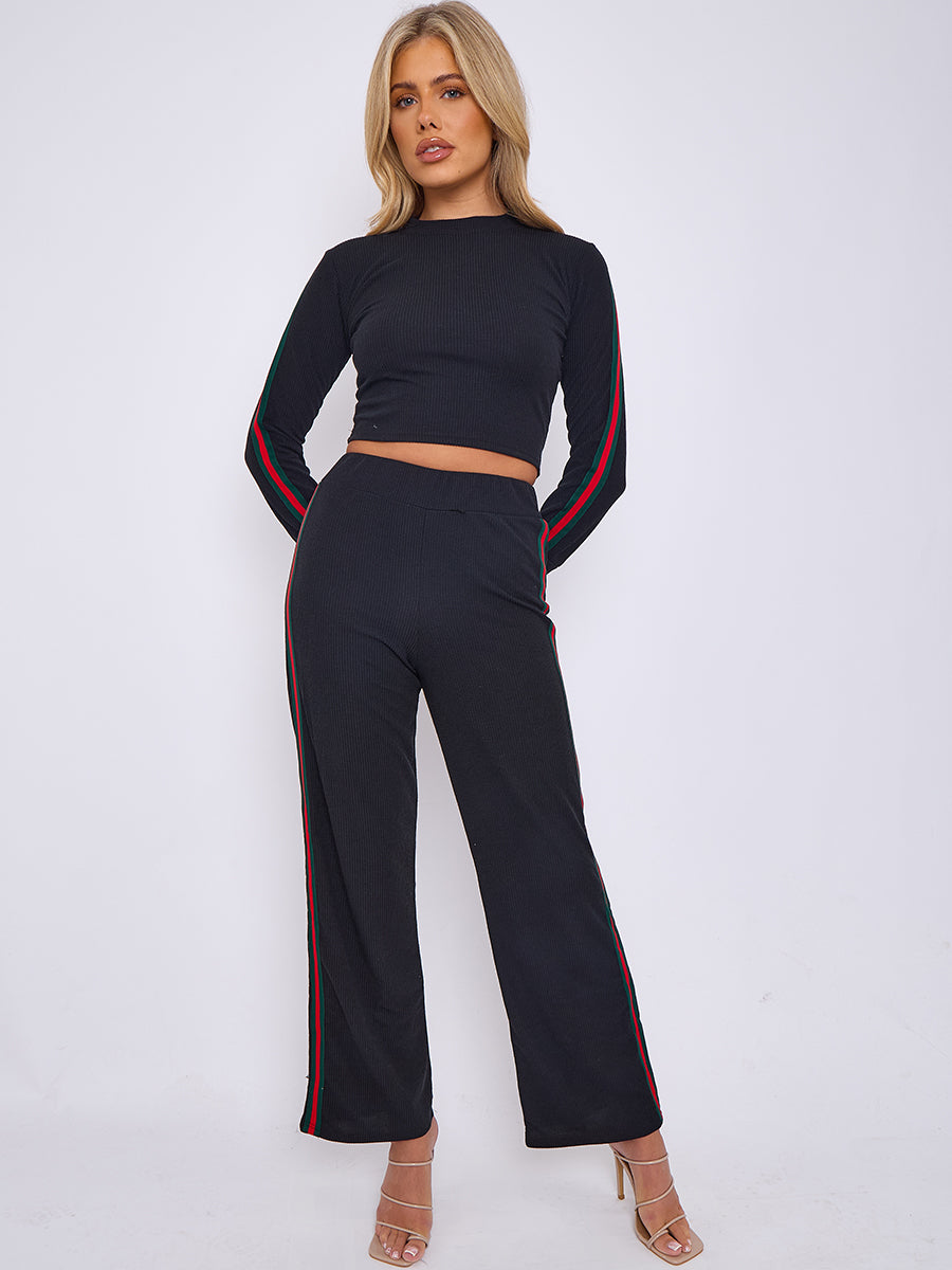 Side Stripe Detail Ribbed Crop Top & Trouser Co-ord