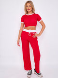 Contrast Trim Ribbed Crop Top & Wide Leg Trouser Co-ord