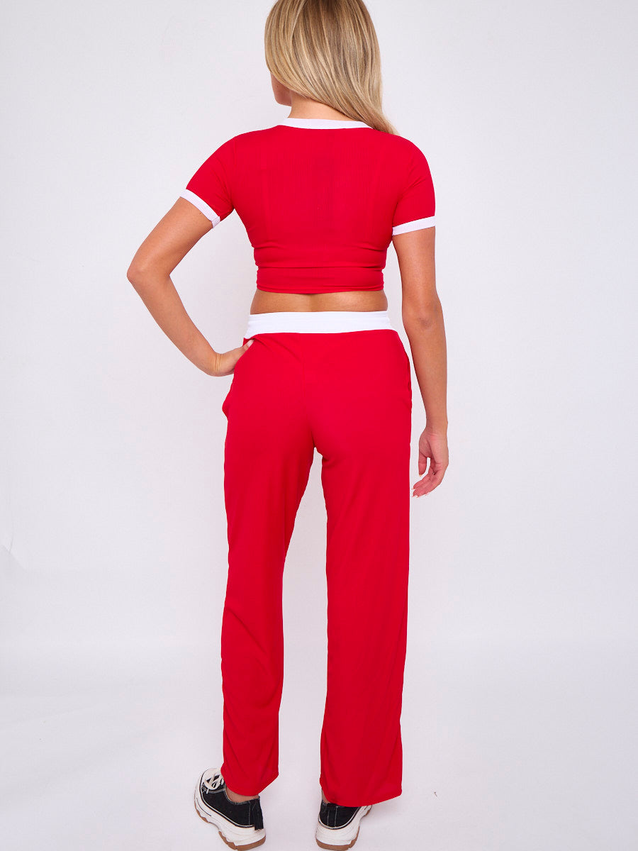Contrast Trim Ribbed Crop Top & Wide Leg Trouser Co-ord