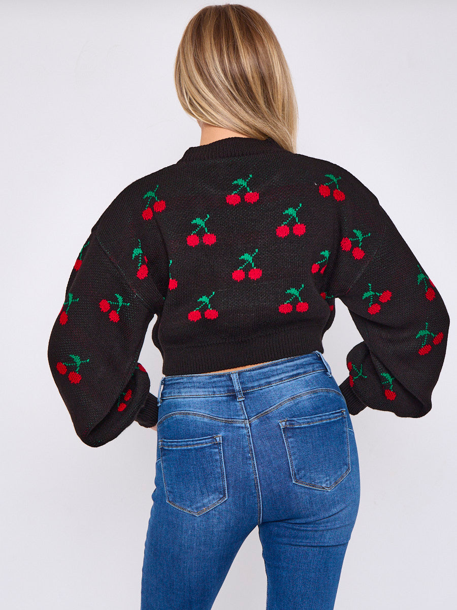Cherry Detail Oversized Cropped Knitted Jumper