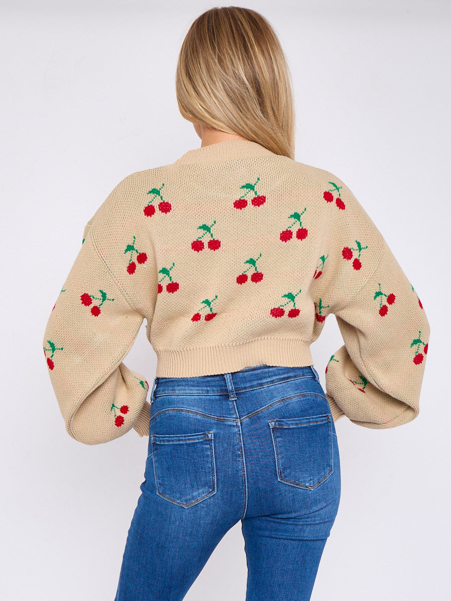 Cherry Detail Oversized Cropped Knitted Jumper