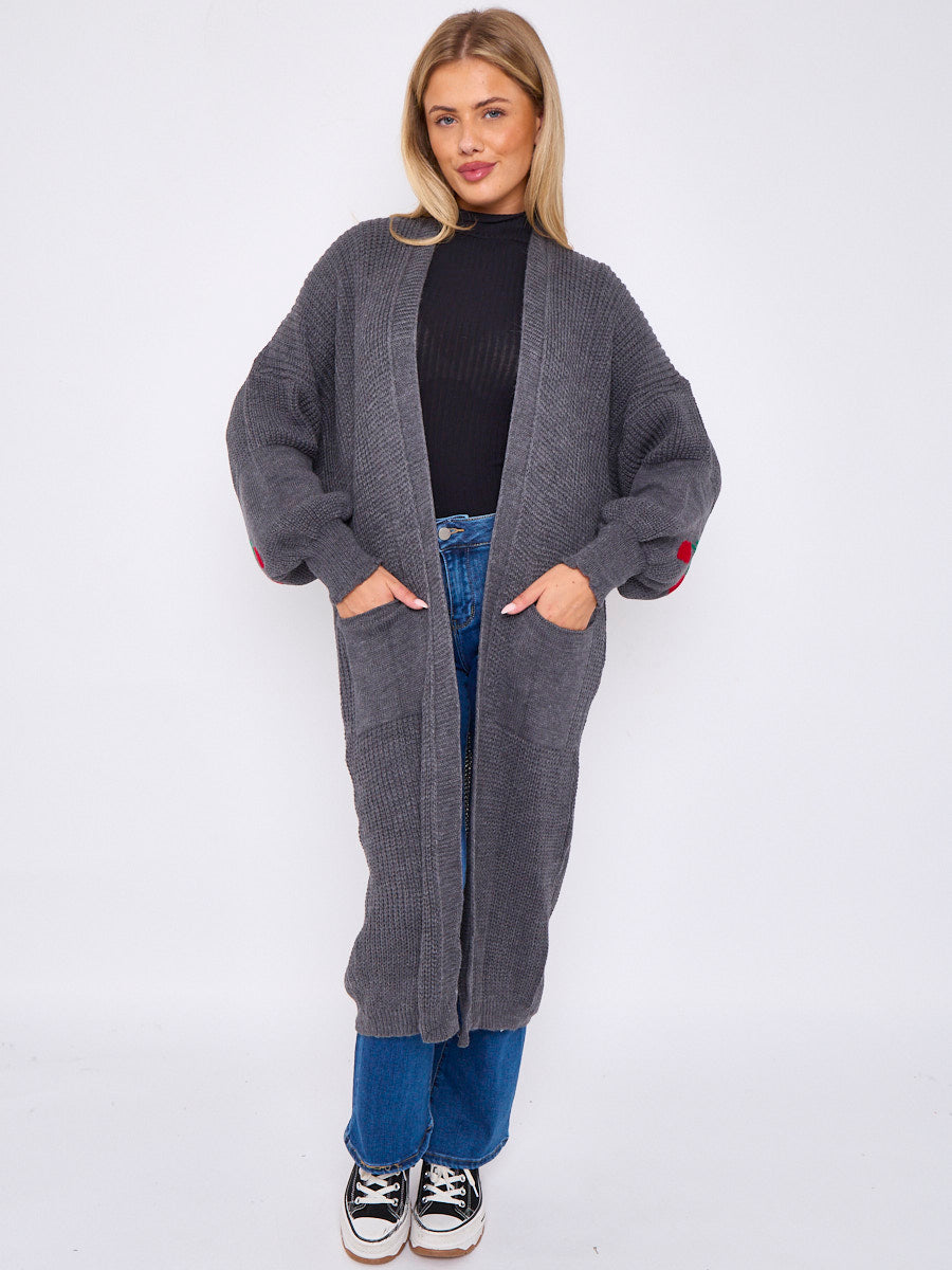 Cherry Detail Balloon Sleeves Knitted Open Cardigan