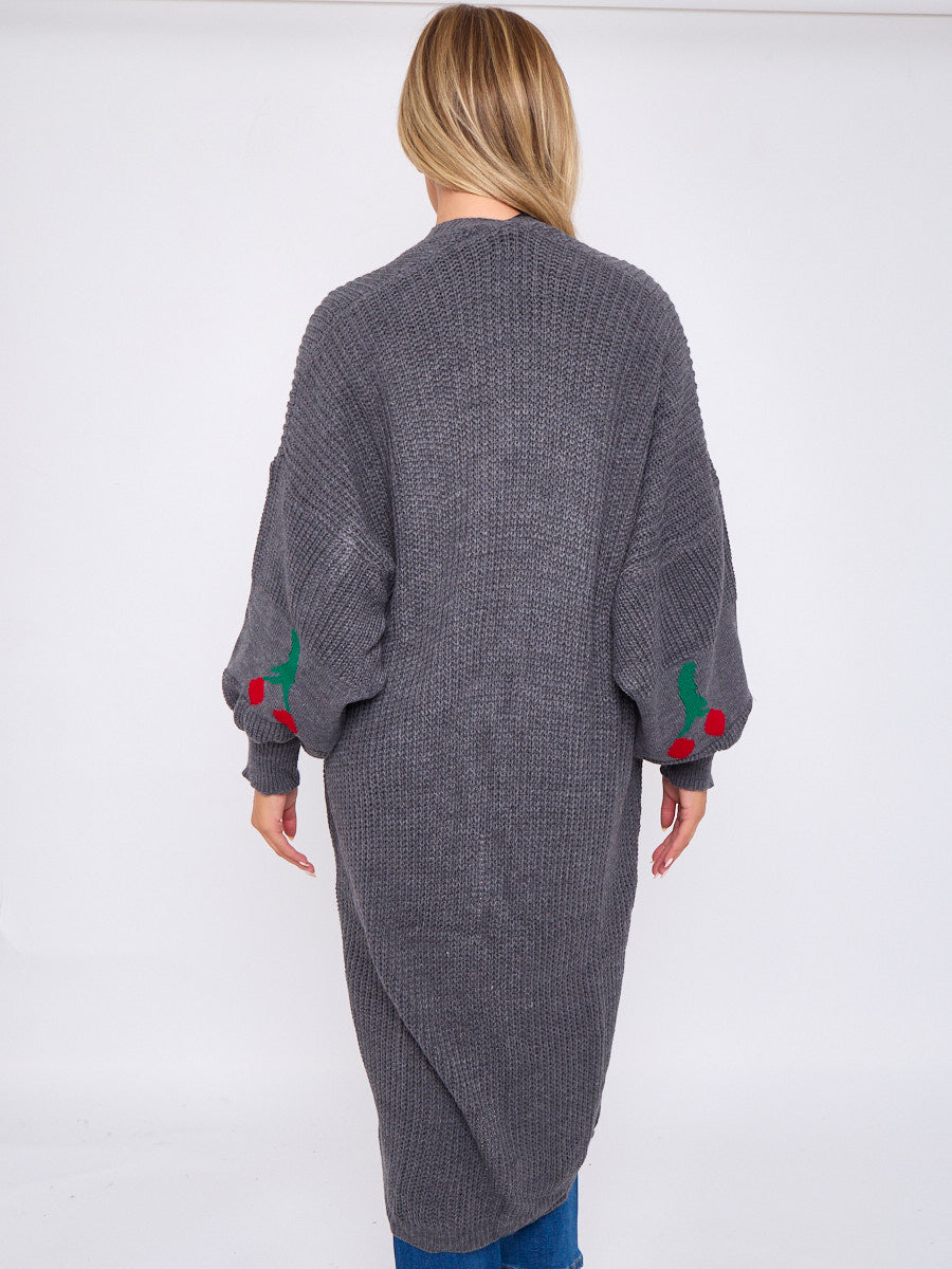 Cherry Detail Balloon Sleeves Knitted Open Cardigan