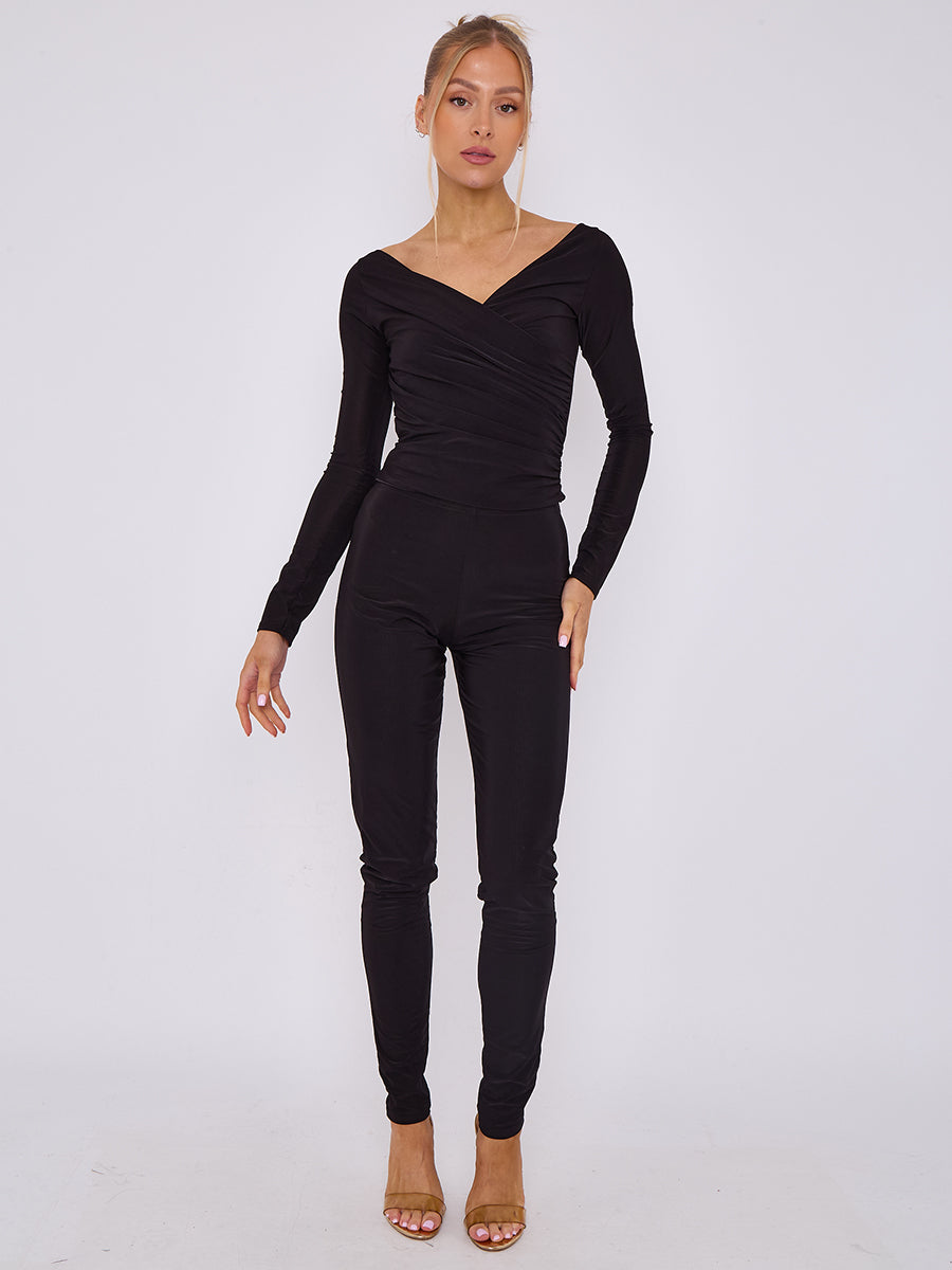 Plunge Wrap Detail Top And Leggings Slinky Co-Ord Set