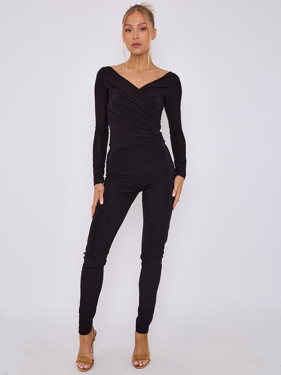 Plunge Wrap Detail Top And Leggings Slinky Co-Ord Set