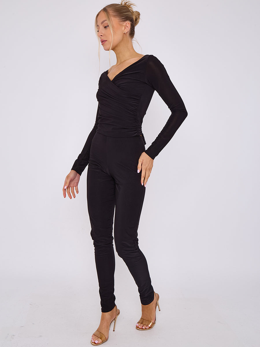 Plunge Wrap Detail Top And Leggings Slinky Co-Ord Set