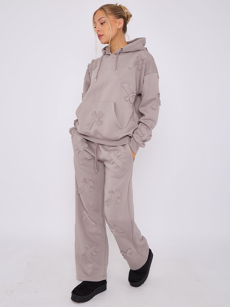 Oversized Crucifix Embroidered Hooded Fleece Co-ord