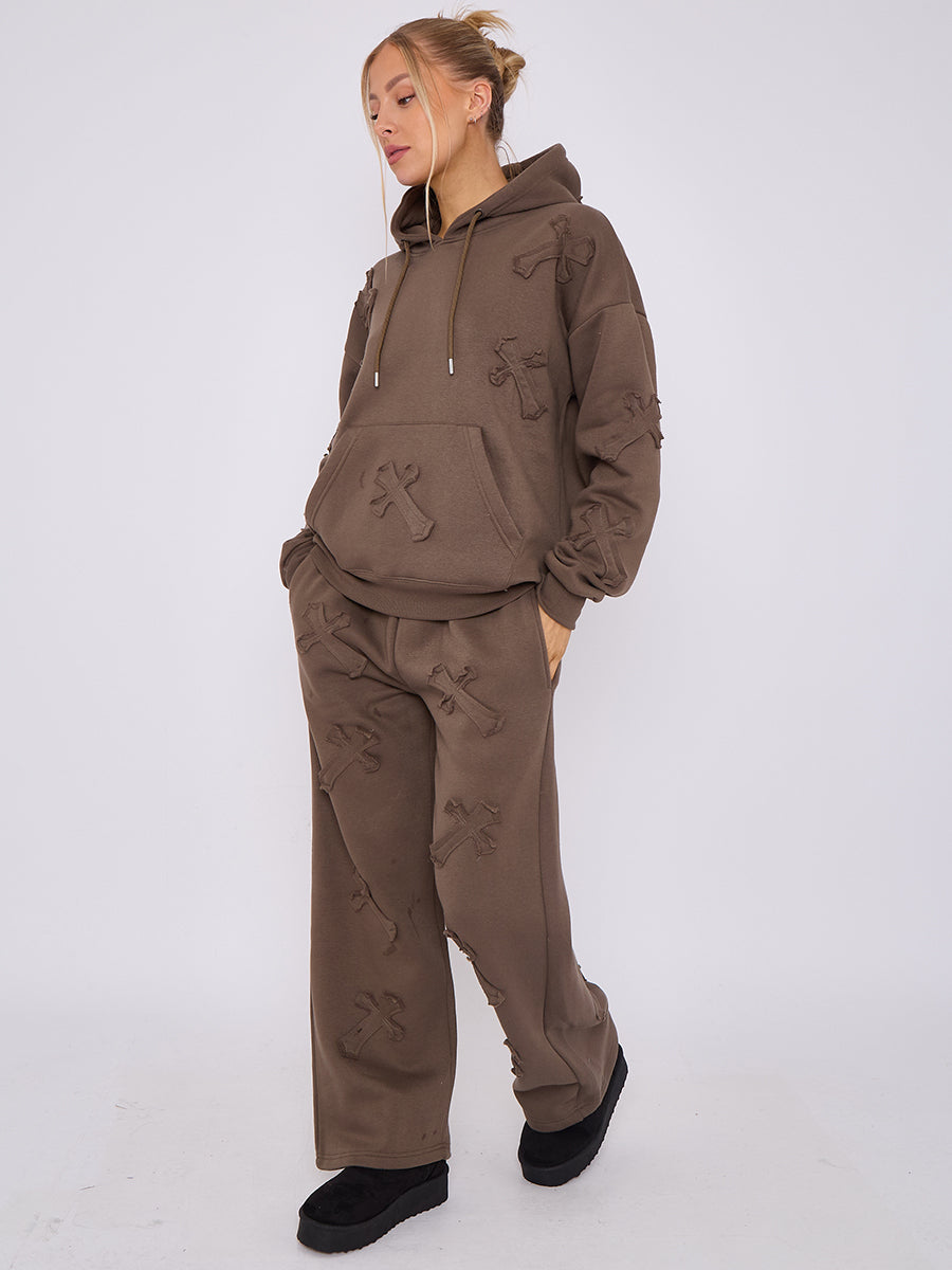 Oversized Crucifix Embroidered Hooded Fleece Co-ord