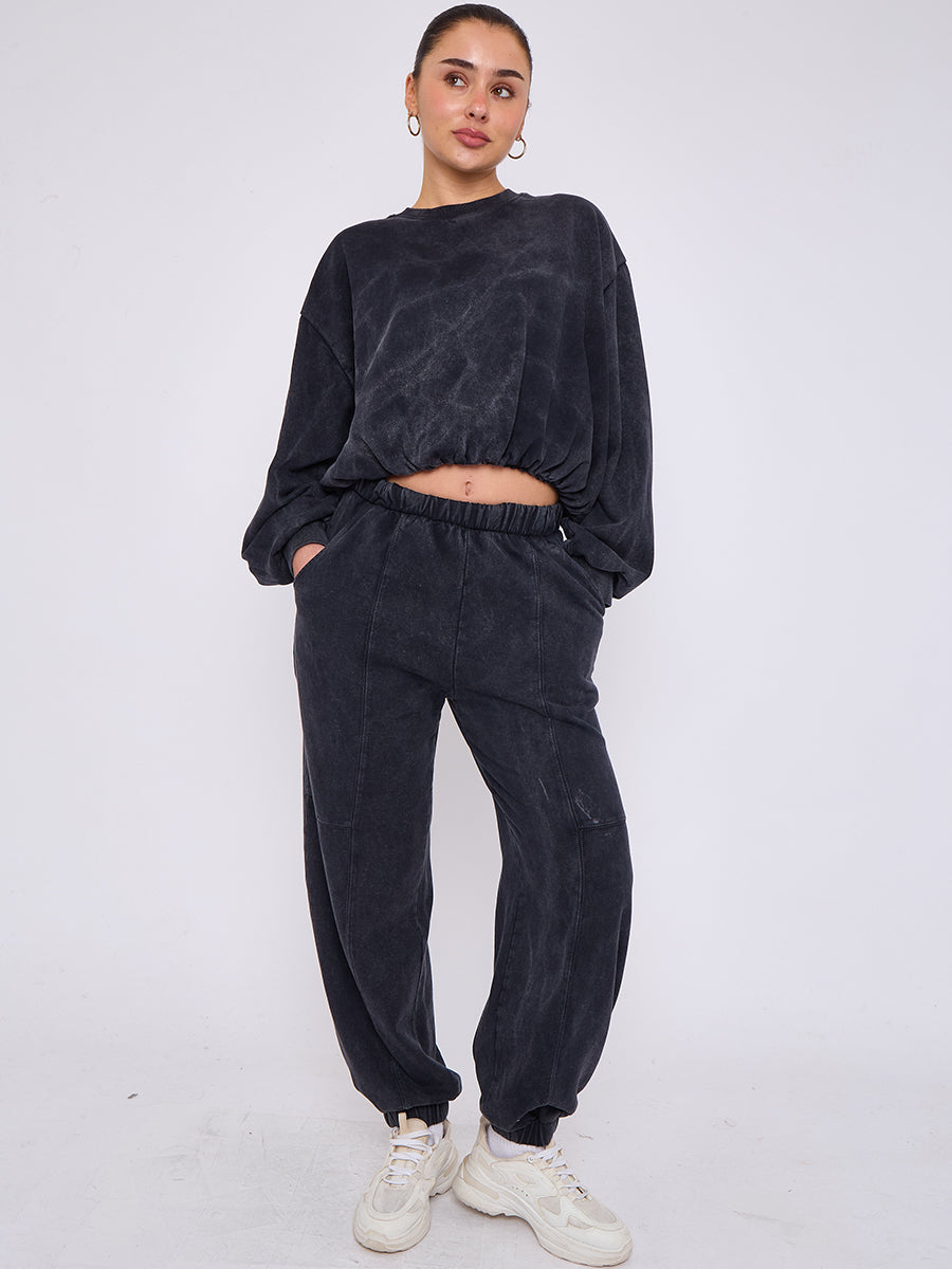 Acid Wash Sweatshirt & Jogger Bubble Hem Tracksuit