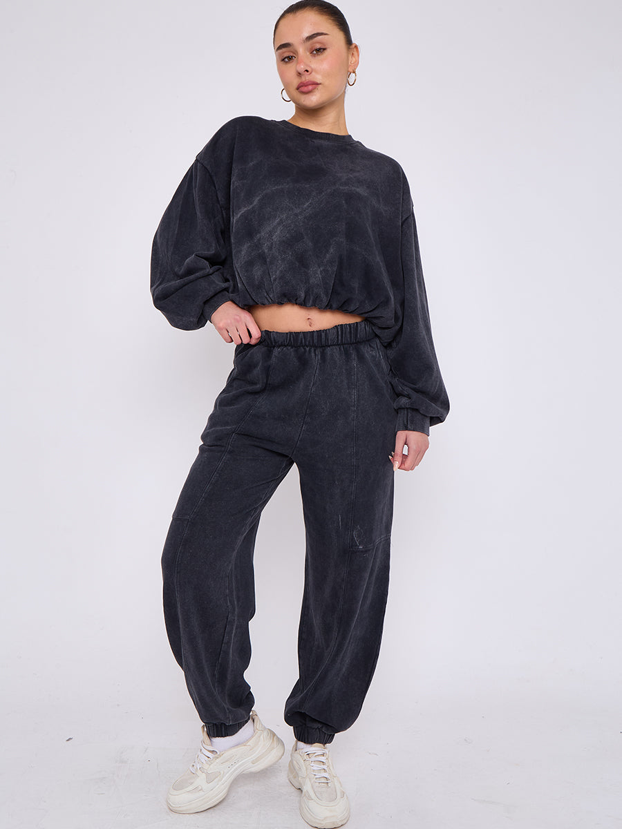 Acid Wash Sweatshirt & Jogger Bubble Hem Tracksuit