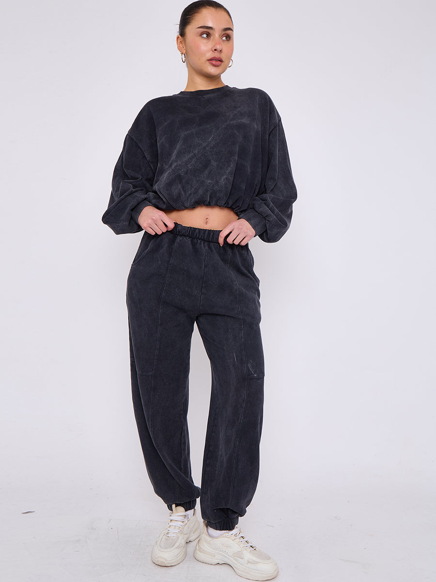 Acid Wash Sweatshirt & Jogger Bubble Hem Tracksuit