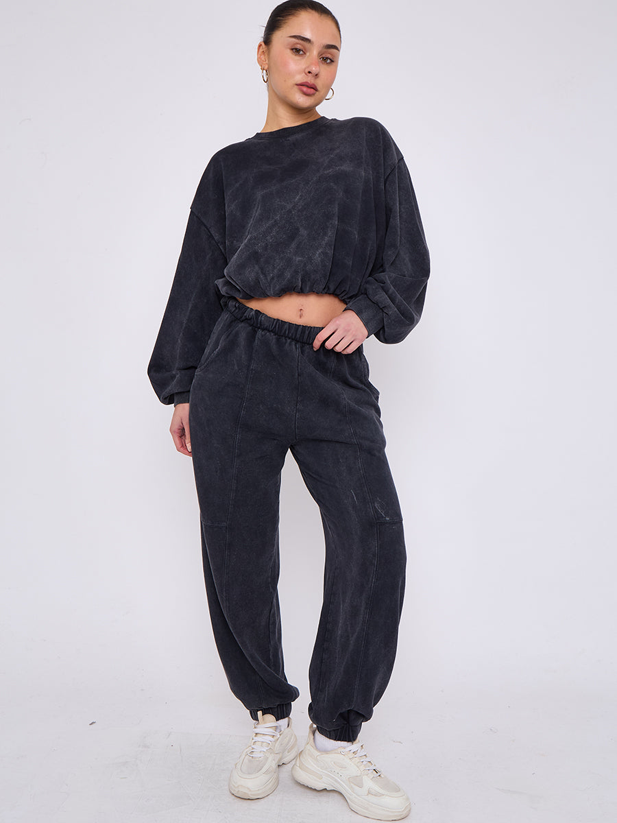 Acid Wash Sweatshirt & Jogger Bubble Hem Tracksuit