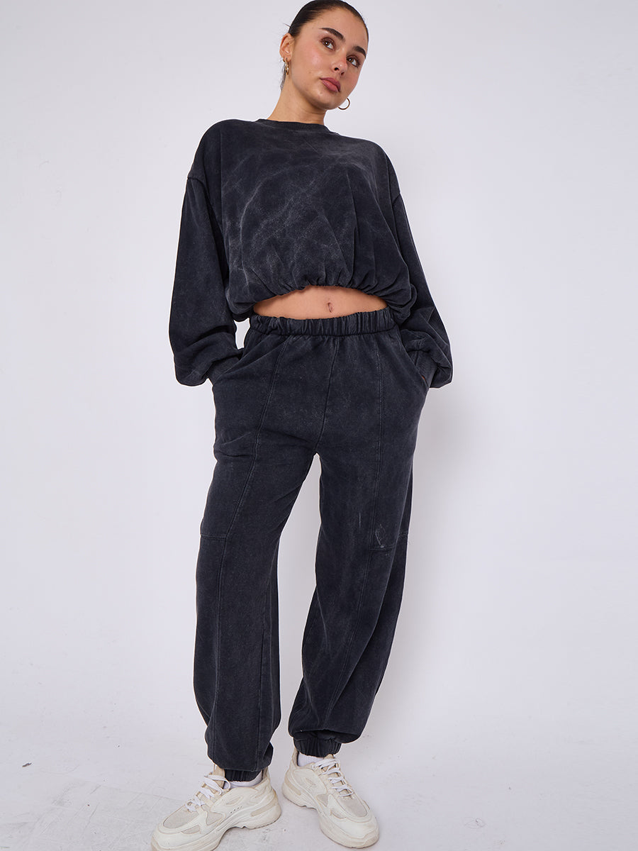 Acid Wash Sweatshirt & Jogger Bubble Hem Tracksuit