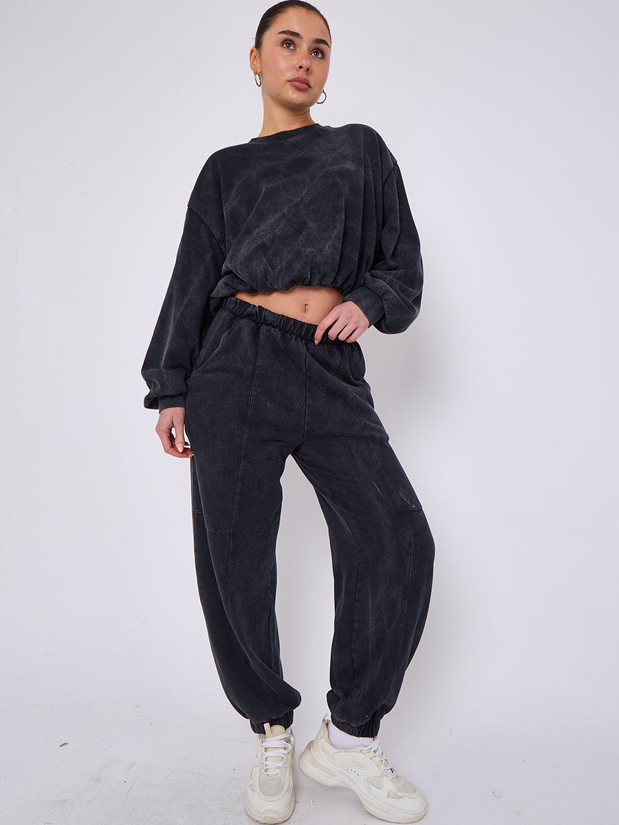 Acid Wash Sweatshirt & Jogger Bubble Hem Tracksuit
