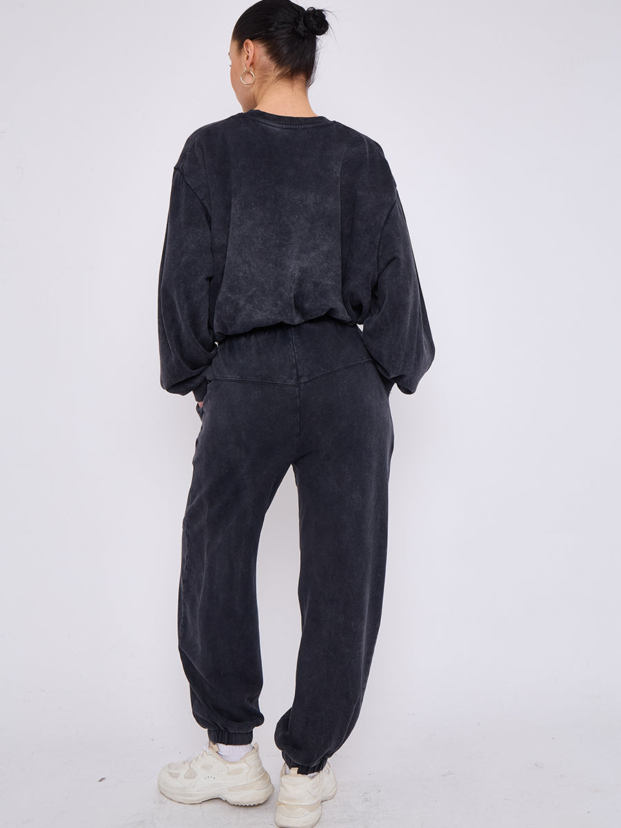 Acid Wash Sweatshirt & Jogger Bubble Hem Tracksuit