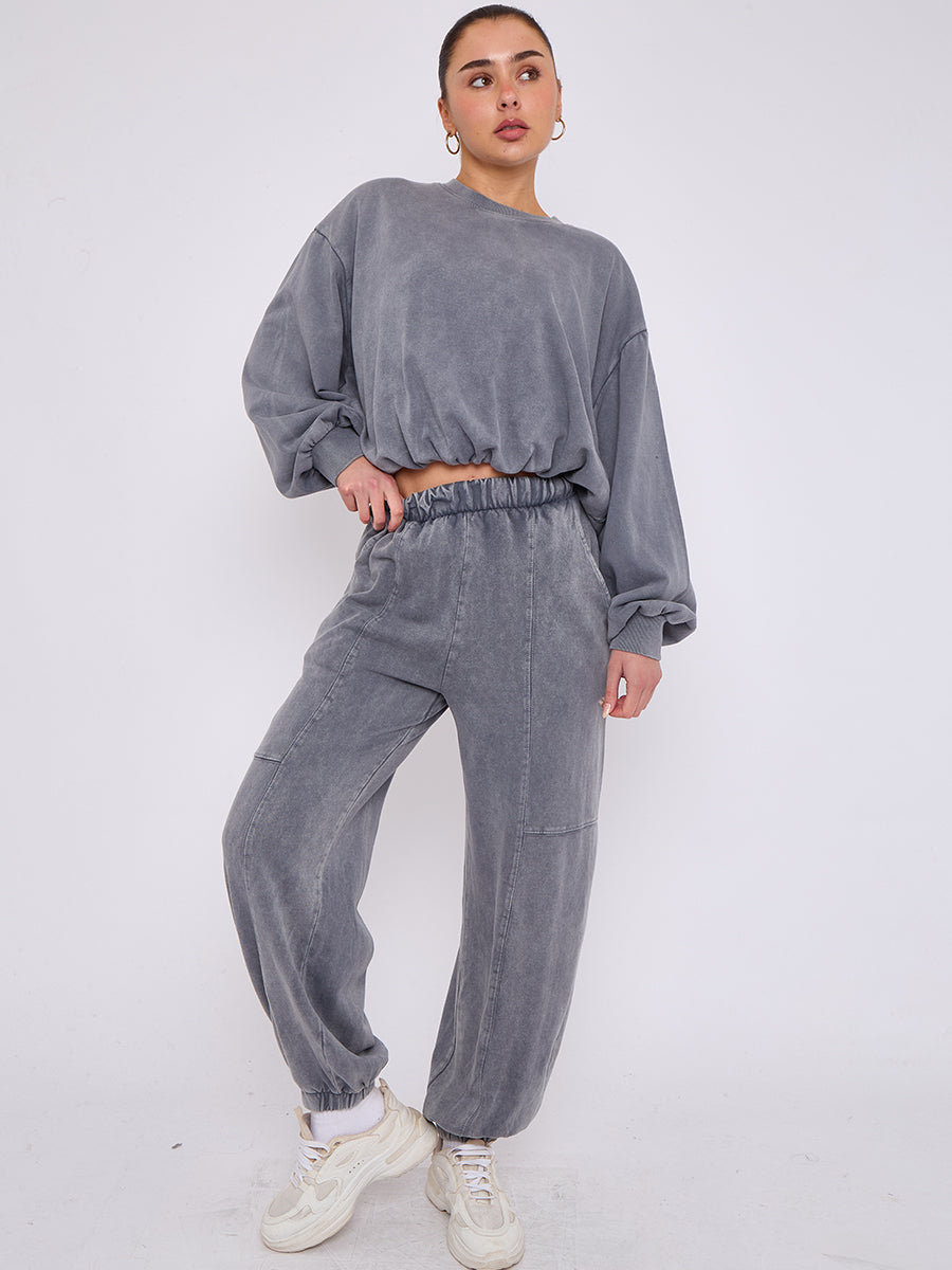 Acid Wash Sweatshirt & Jogger Bubble Hem Tracksuit
