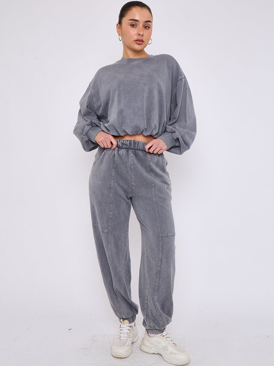 Acid Wash Sweatshirt & Jogger Bubble Hem Tracksuit