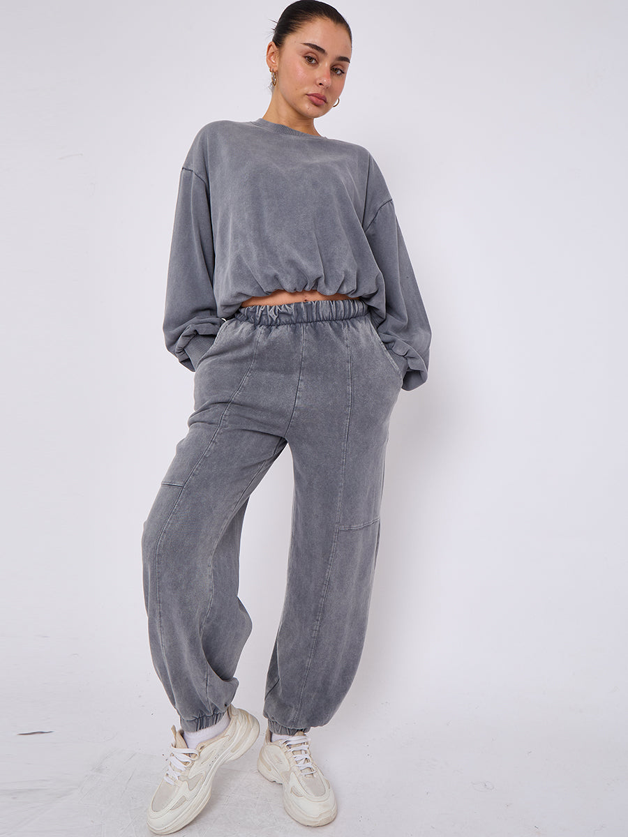 Acid Wash Sweatshirt & Jogger Bubble Hem Tracksuit