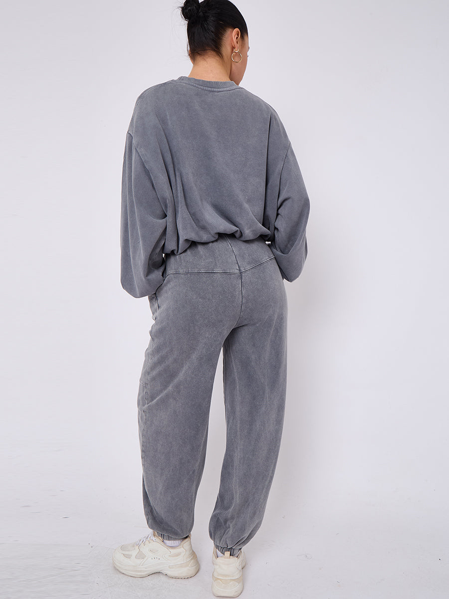Acid Wash Sweatshirt & Jogger Bubble Hem Tracksuit