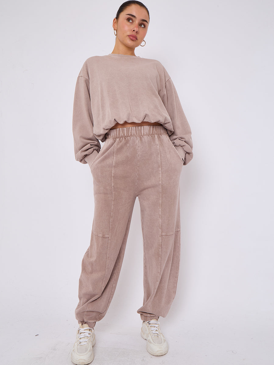 Acid Wash Sweatshirt & Jogger Bubble Hem Tracksuit