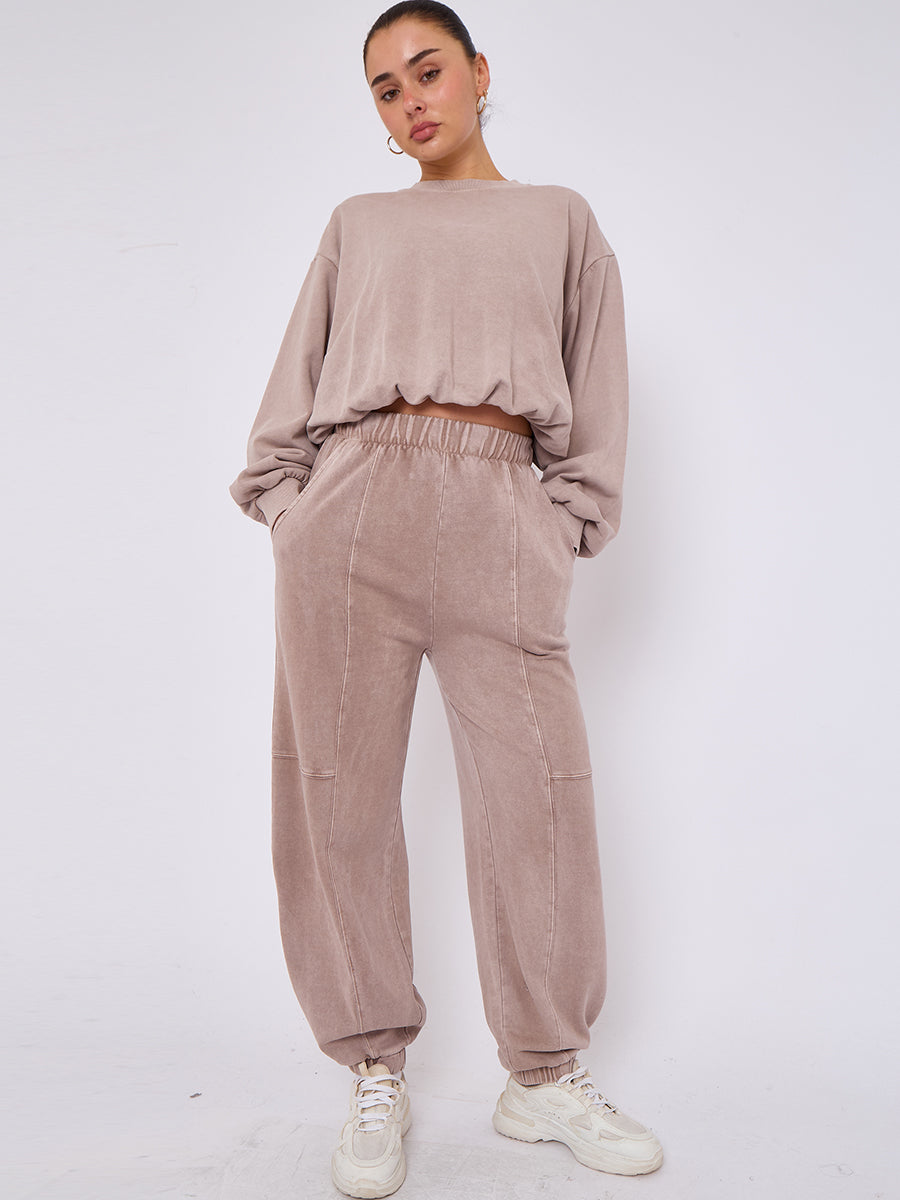 Acid Wash Sweatshirt & Jogger Bubble Hem Tracksuit