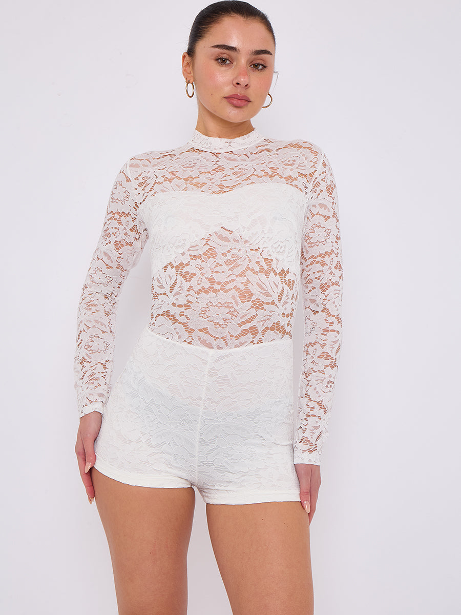 Lace Detail High Neck Long Sleeve Playsuit