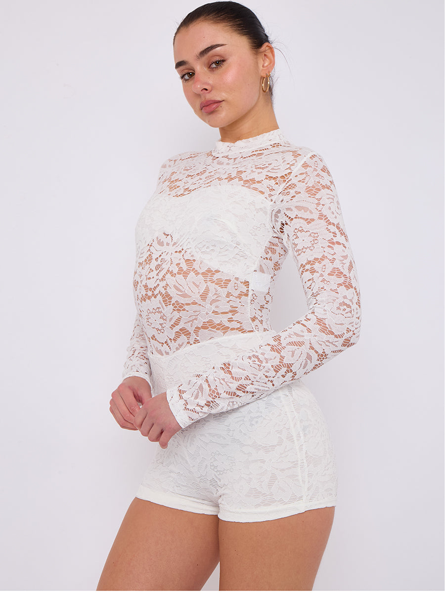 Lace Detail High Neck Long Sleeve Playsuit