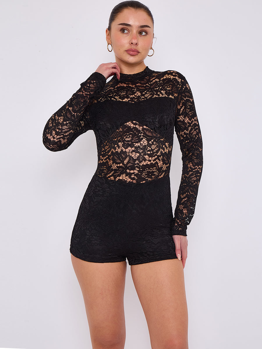 Lace Detail High Neck Long Sleeve Playsuit
