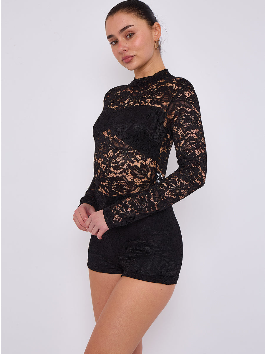 Lace Detail High Neck Long Sleeve Playsuit