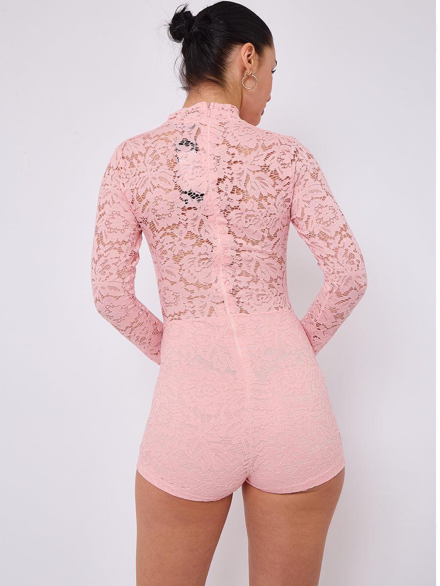 Lace Detail High Neck Long Sleeve Playsuit