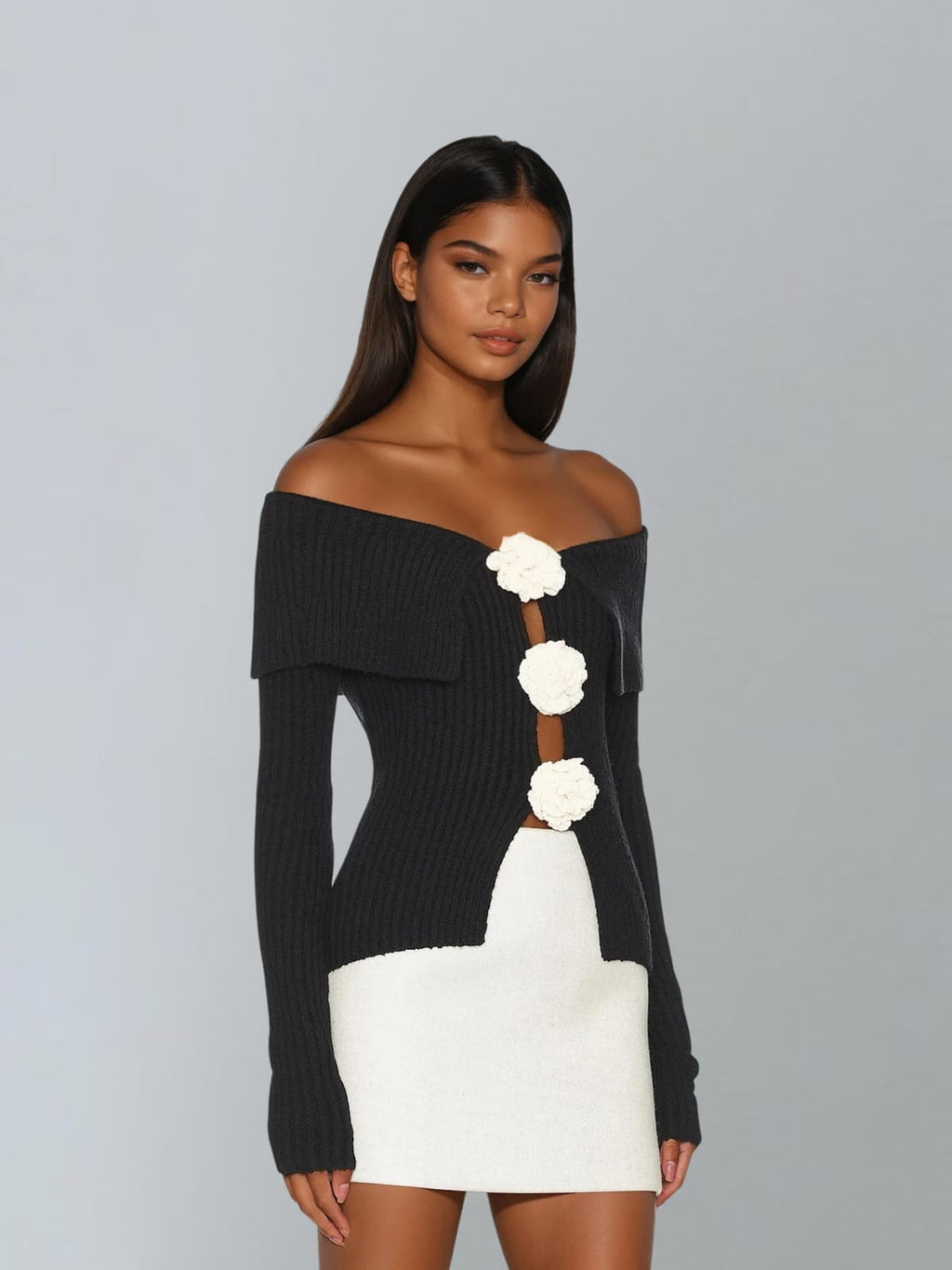 Jittera Off Shoulder Flower Knitted Top