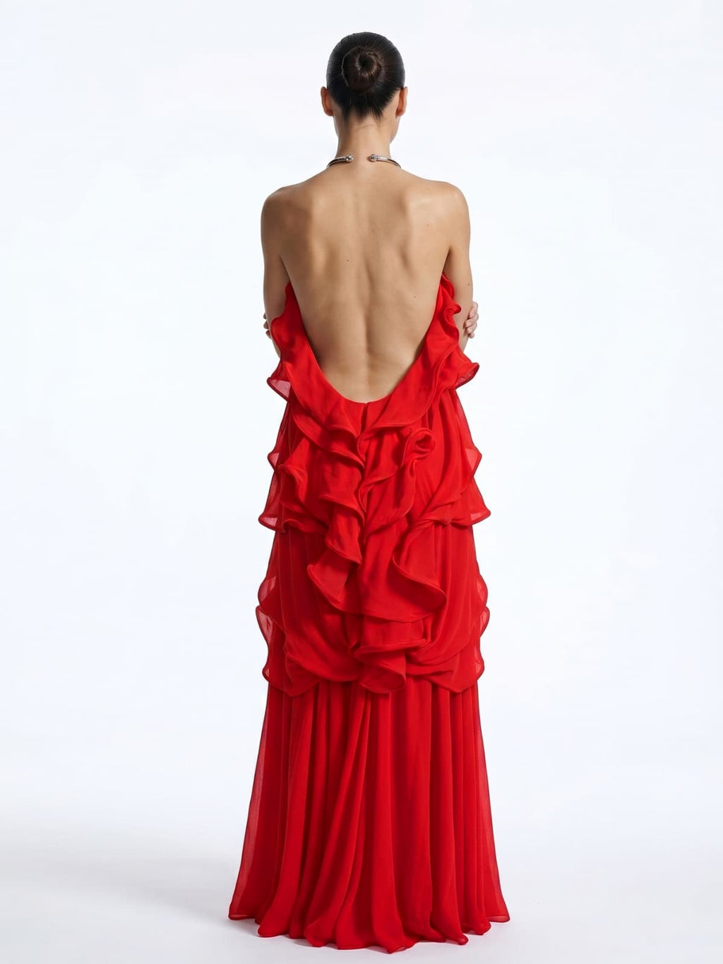 Kaelum Backless Ruffle Maxi Dress In Red