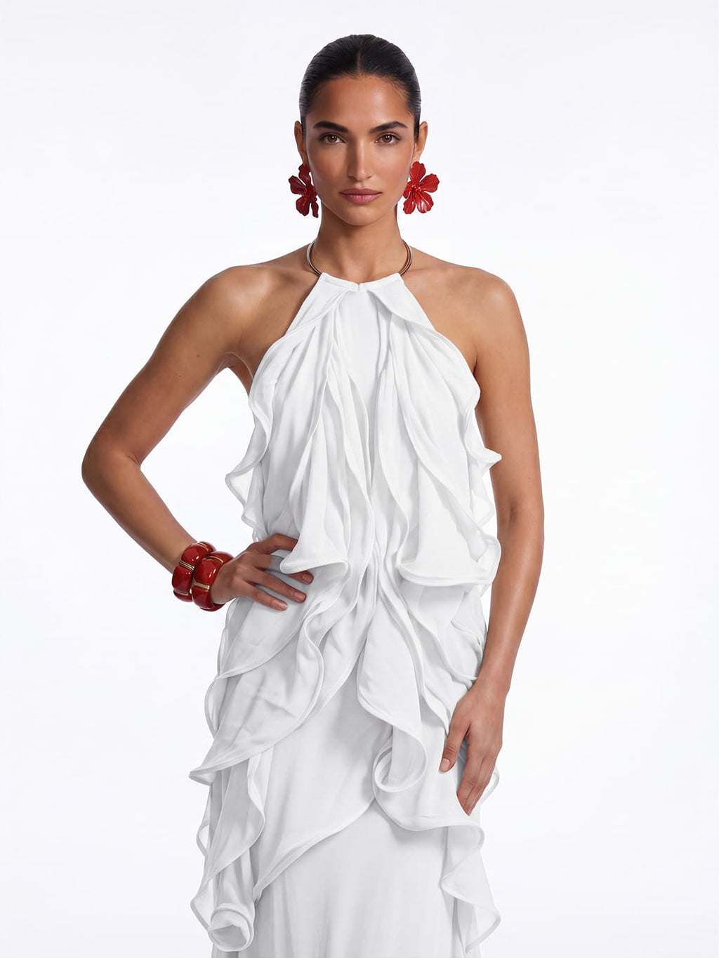 Kaelum Backless Ruffle Maxi Dress In White