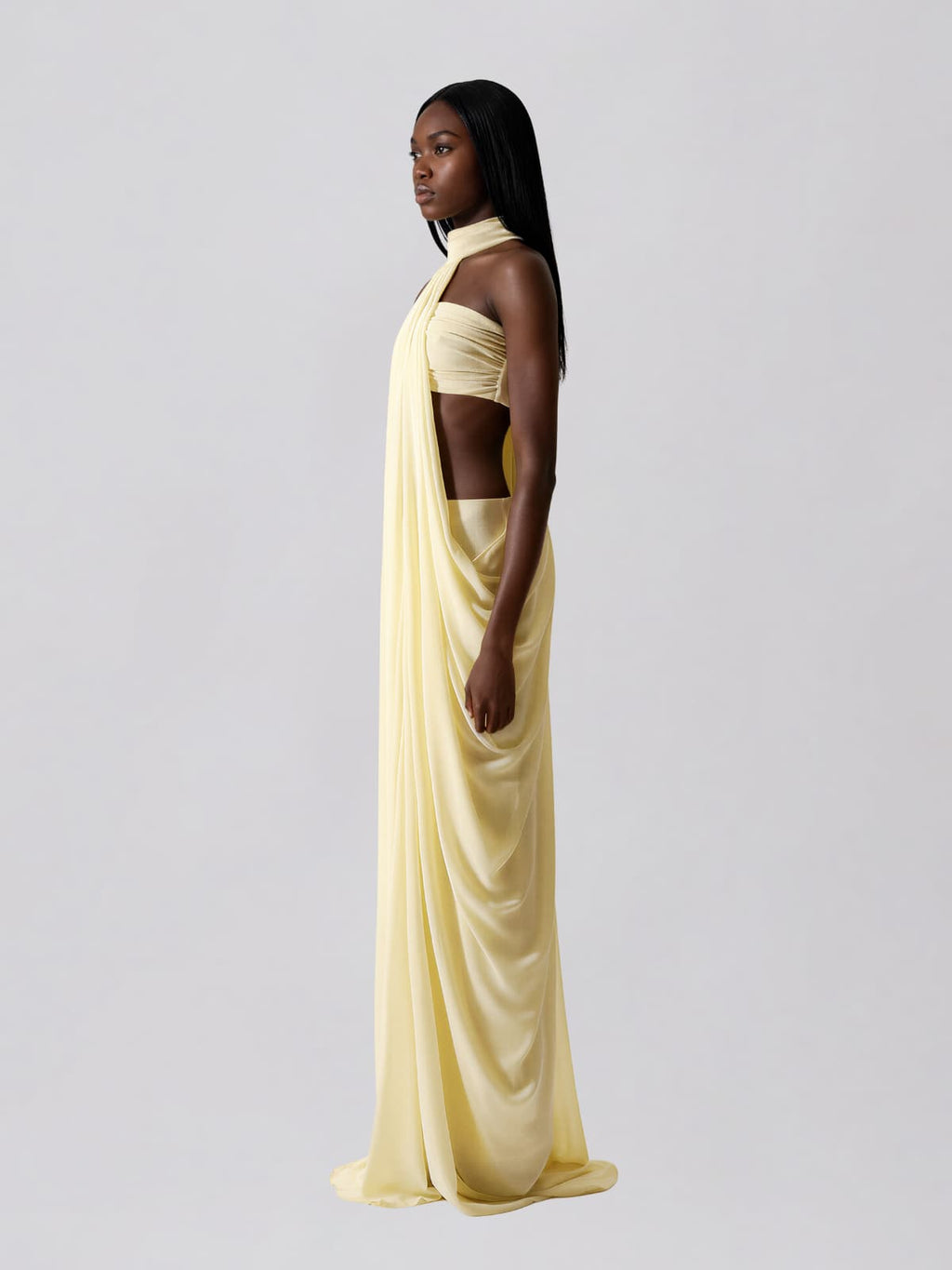Layric Halterneck Draped Skirt Set In Butter Yellow