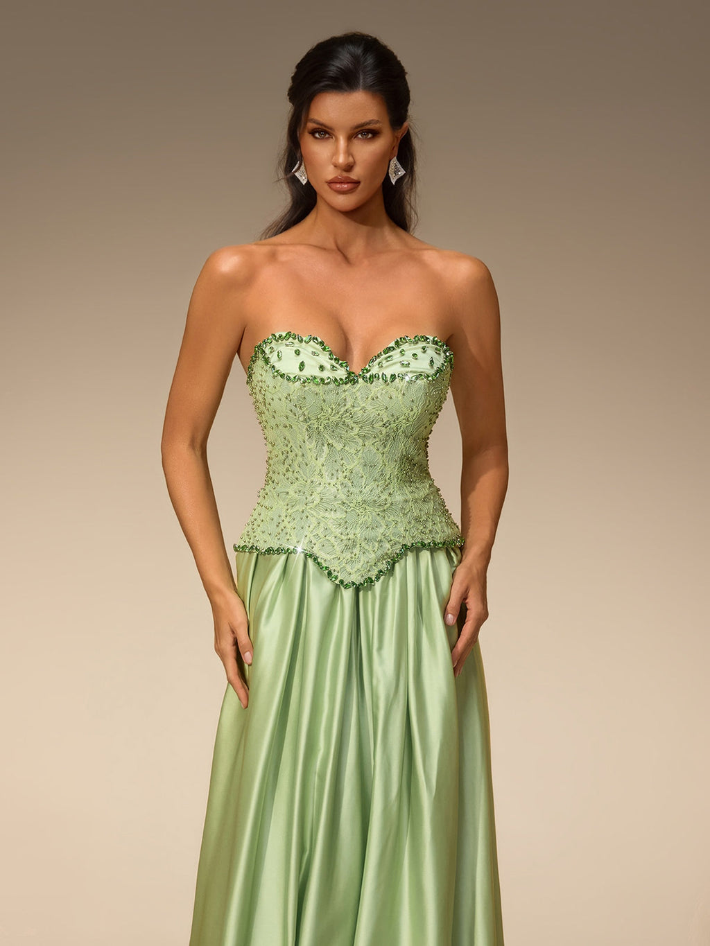 Lorvena Strapless Crystal Satin Maxi Dress