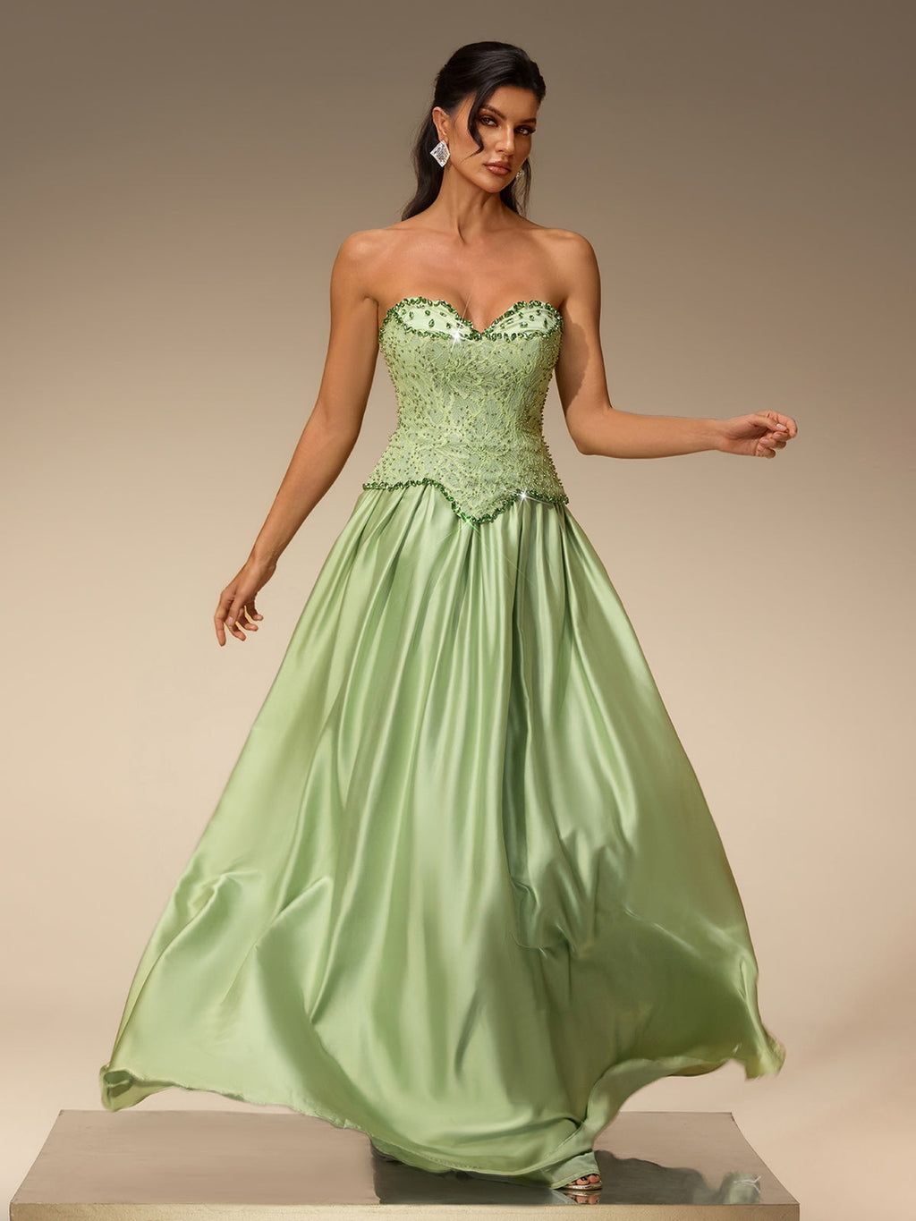 Lorvena Strapless Crystal Satin Maxi Dress